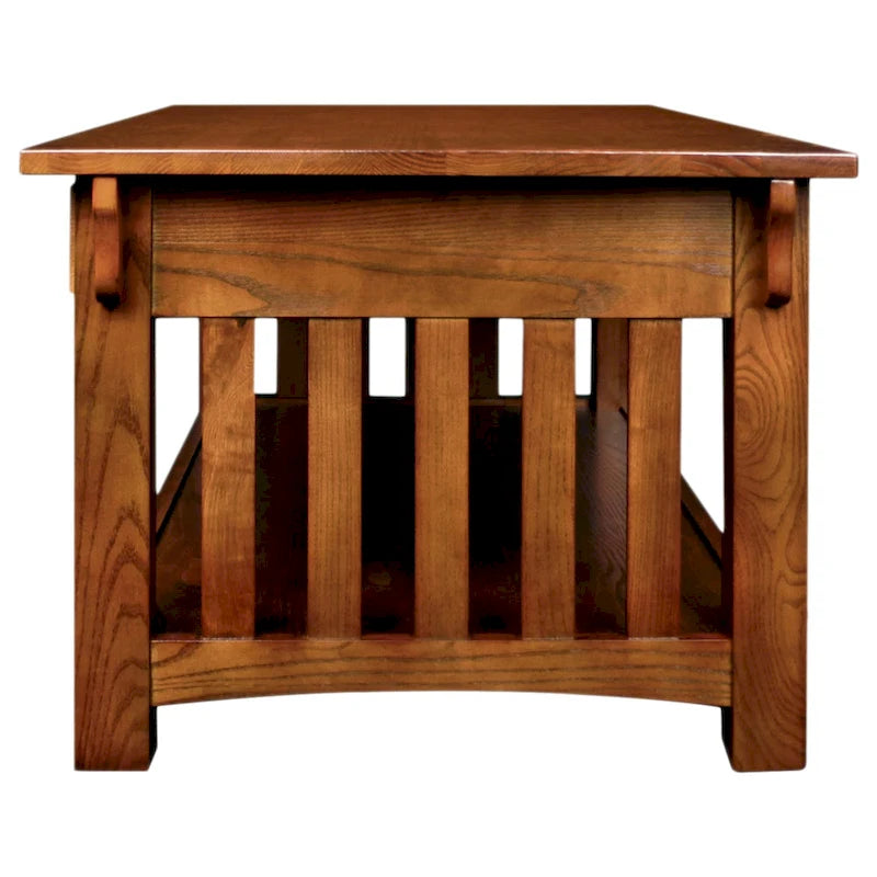 Table basse en bois massif avec deux tiroirs et côtés à lattes
