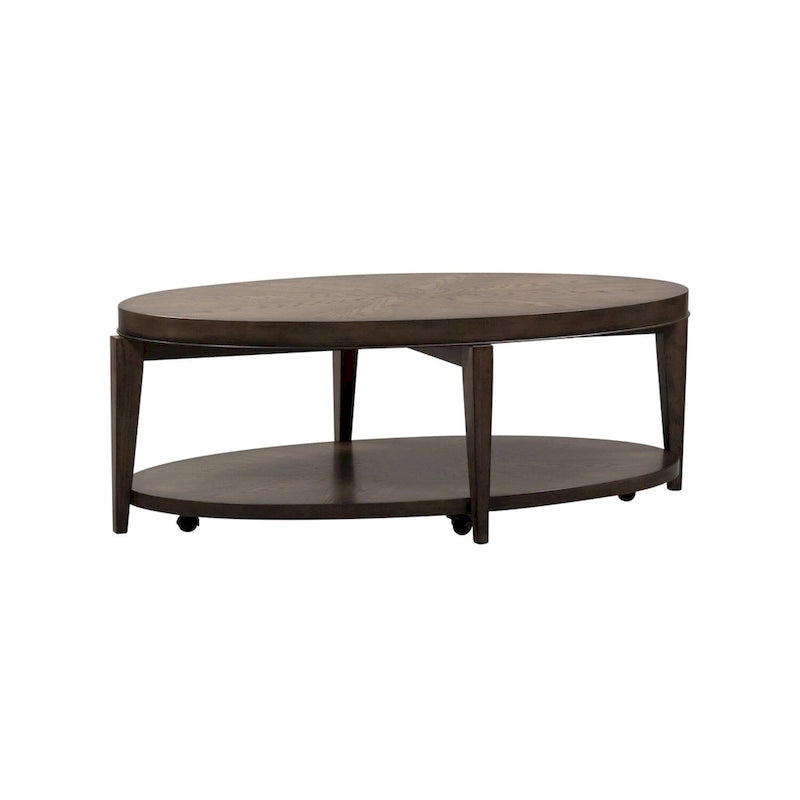 Table basse ovale avec roulettes et étagère de rangement inférieure