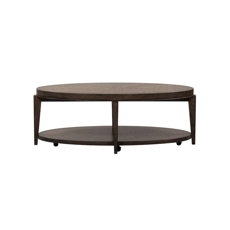 Table basse ovale avec roulettes et étagère de rangement inférieure