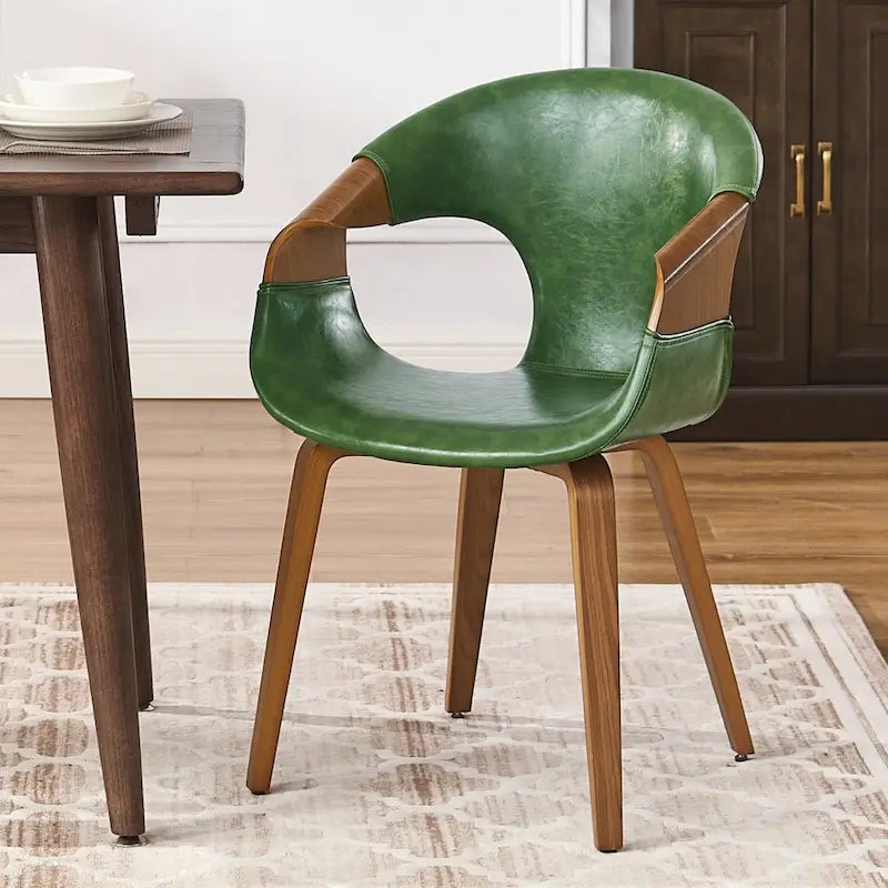 Chaise de salle à manger Mid-Century Modern en bois courbé — Assise rembourrée en similicuir et cadre en bois courbé