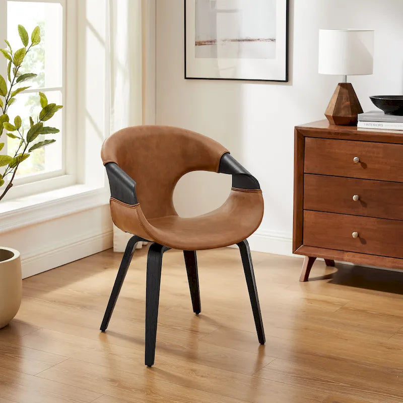 Chaise de salle à manger Mid-Century Modern en bois courbé — Assise rembourrée en similicuir et cadre en bois courbé