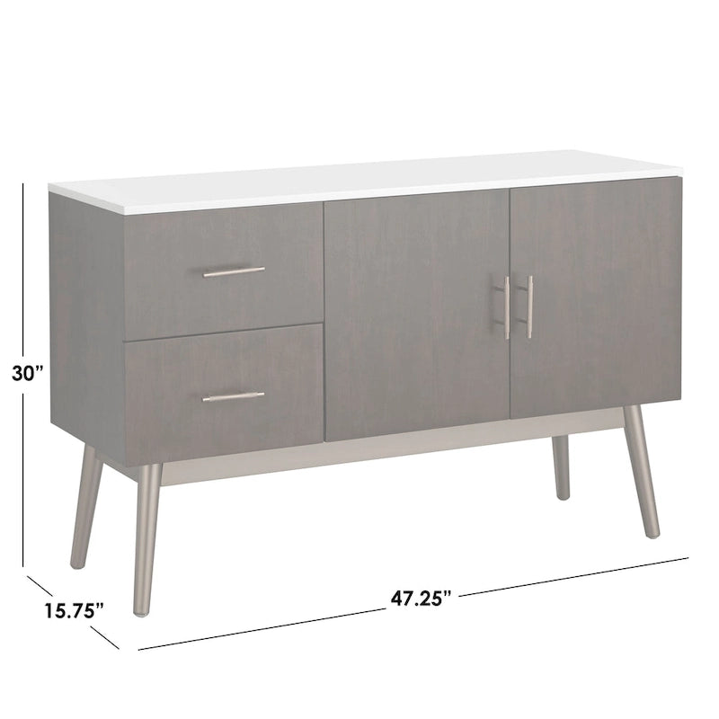 Buffet enfilade Mid-Century Modern avec tiroirs et placard – Accents dorés et pieds inclinés