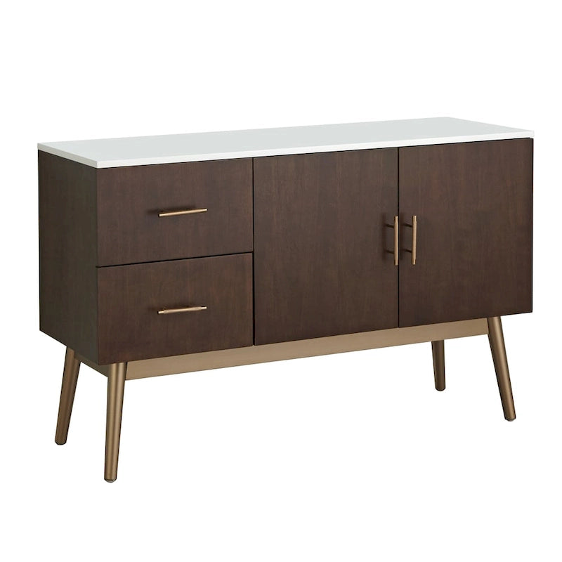 Buffet enfilade Mid-Century Modern avec tiroirs et placard – Accents dorés et pieds inclinés
