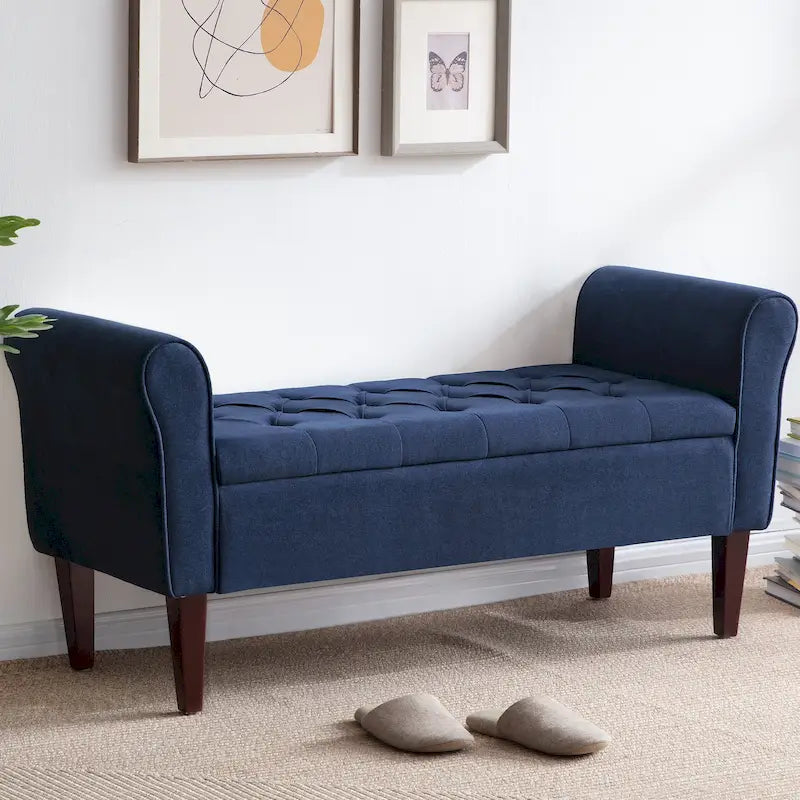 Banc coffre de rangement capitonné de 48 po avec accoudoirs arrondis et pieds en bois massif