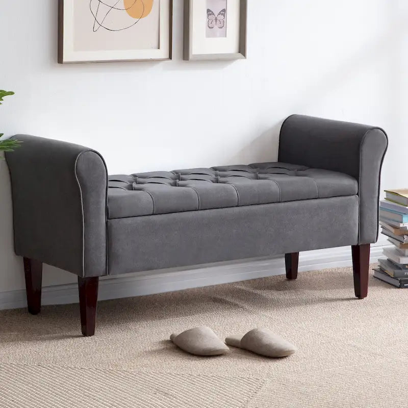 Banc coffre de rangement capitonné de 48 po avec accoudoirs arrondis et pieds en bois massif