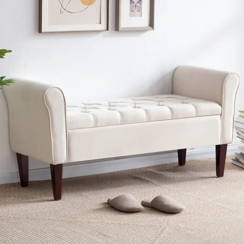 Banc coffre de rangement capitonné de 48 po avec accoudoirs arrondis et pieds en bois massif