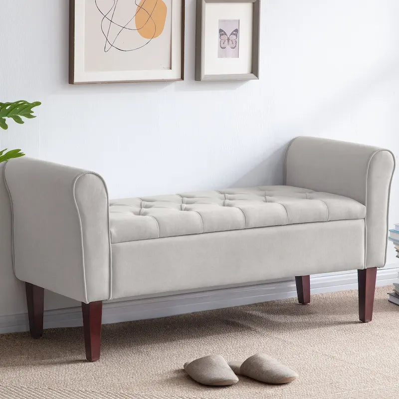Banc coffre de rangement capitonné de 48 po avec accoudoirs arrondis et pieds en bois massif