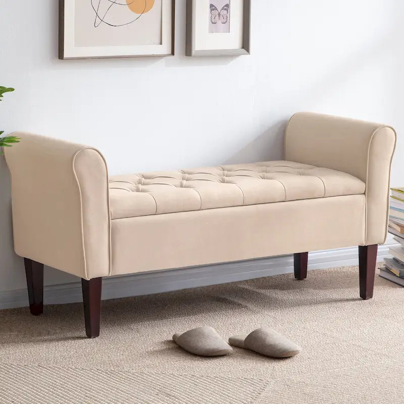 Banc coffre de rangement capitonné de 48 po avec accoudoirs arrondis et pieds en bois massif