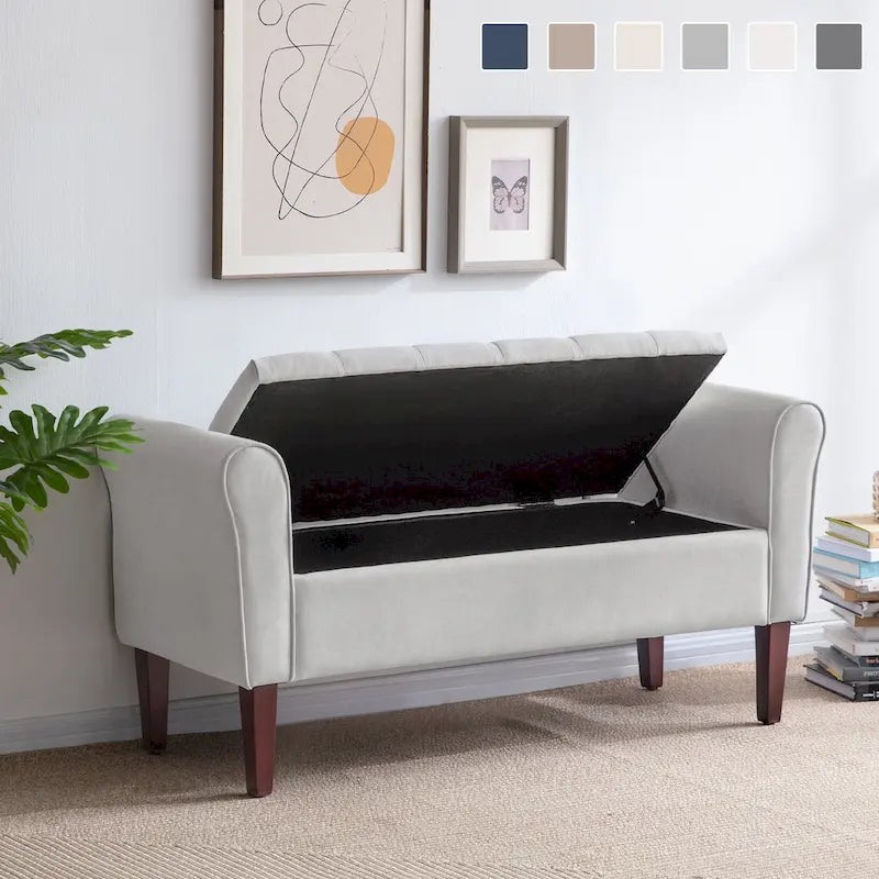 Banc coffre de rangement capitonné de 48 po avec accoudoirs arrondis et pieds en bois massif