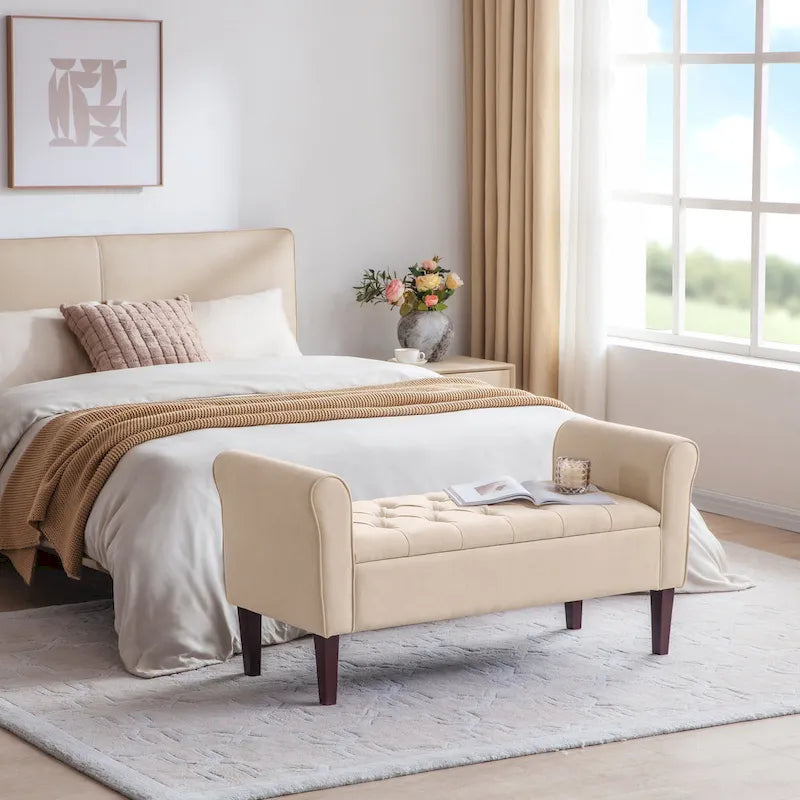 Banc coffre de rangement capitonné de 48 po avec accoudoirs arrondis et pieds en bois massif