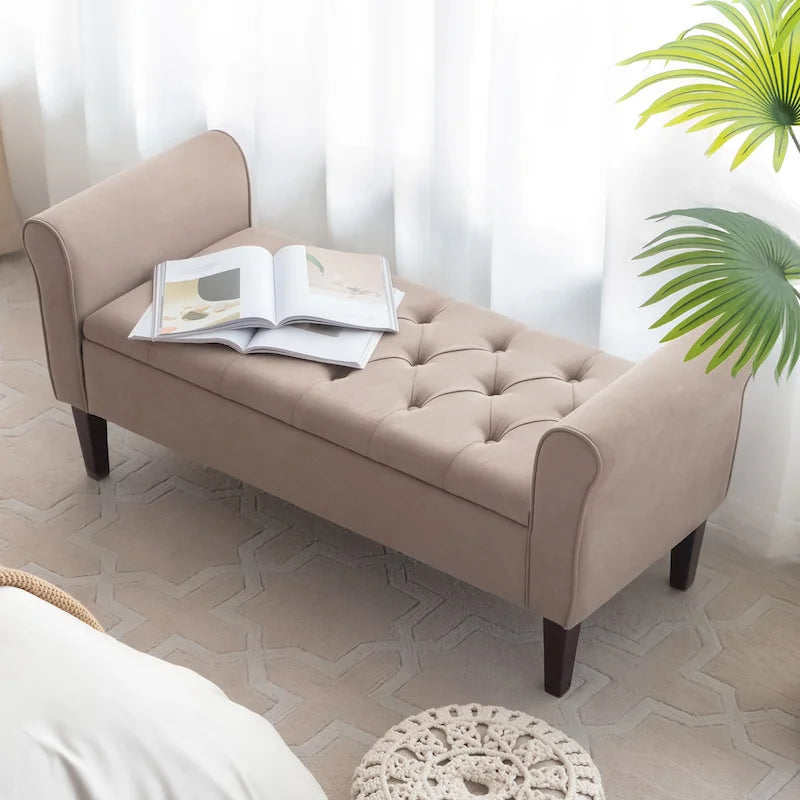 Banc coffre de rangement capitonné de 48 po avec accoudoirs arrondis et pieds en bois massif