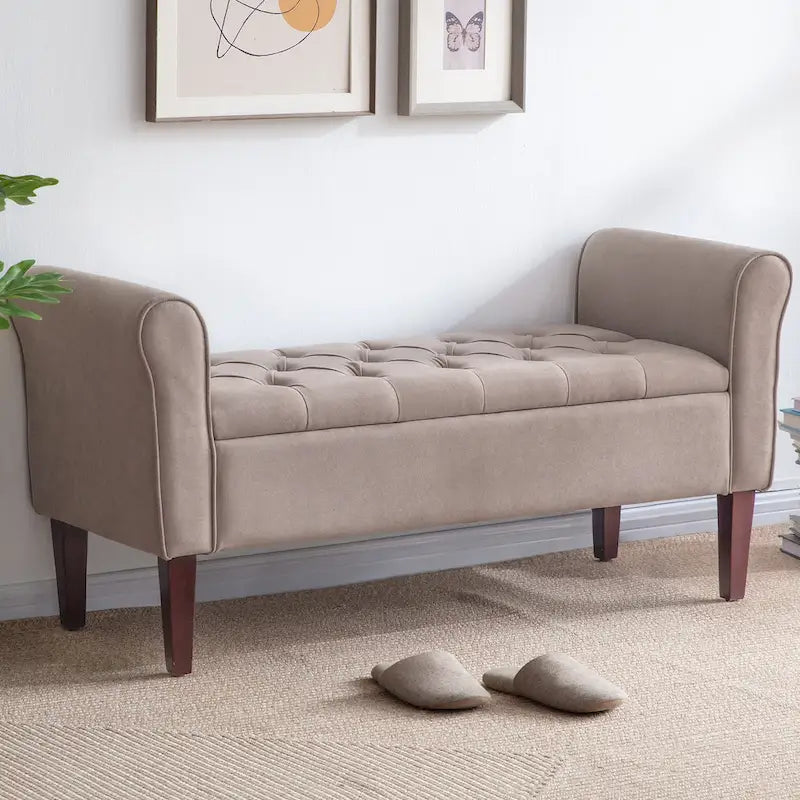 Banc coffre de rangement capitonné de 48 po avec accoudoirs arrondis et pieds en bois massif