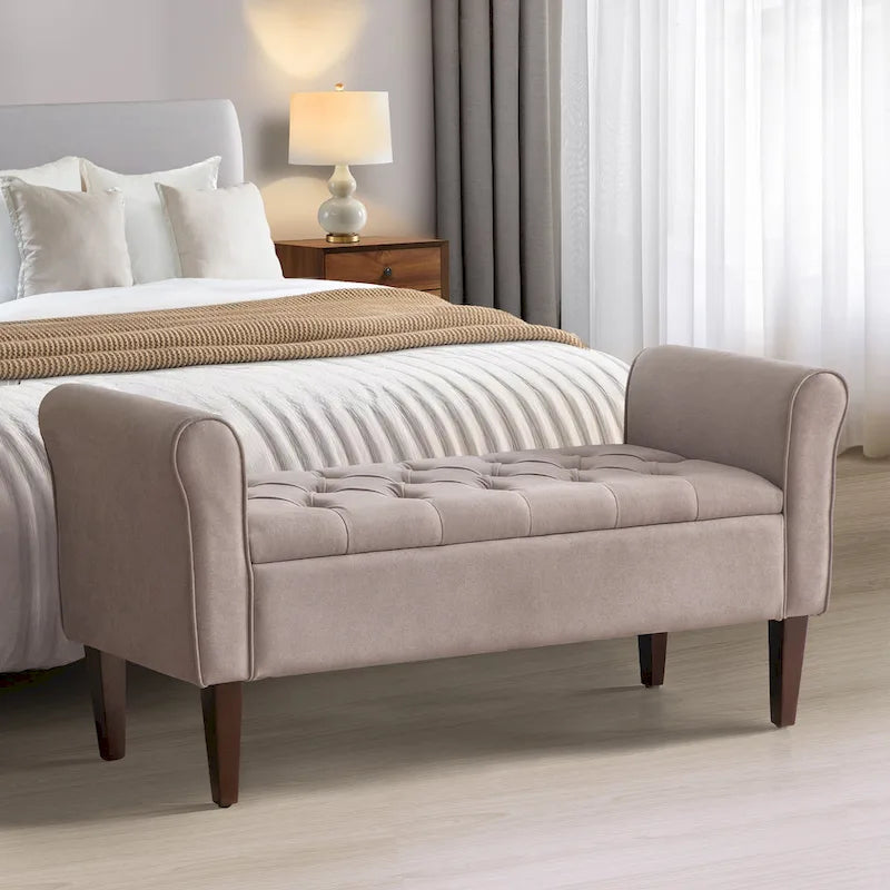 Banc coffre de rangement capitonné de 48 po avec accoudoirs arrondis et pieds en bois massif