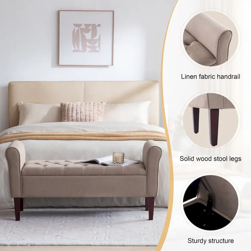 Banc coffre de rangement capitonné de 48 po avec accoudoirs arrondis et pieds en bois massif