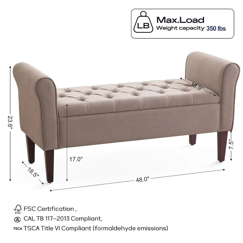 Banc coffre de rangement capitonné de 48 po avec accoudoirs arrondis et pieds en bois massif