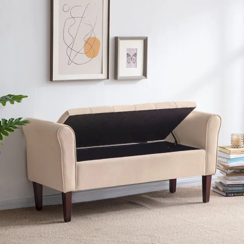 Banc coffre de rangement capitonné de 48 po avec accoudoirs arrondis et pieds en bois massif