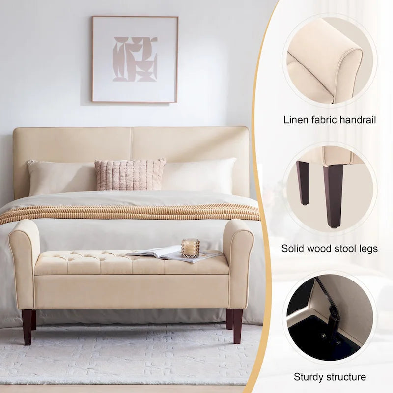 Banc coffre de rangement capitonné de 48 po avec accoudoirs arrondis et pieds en bois massif