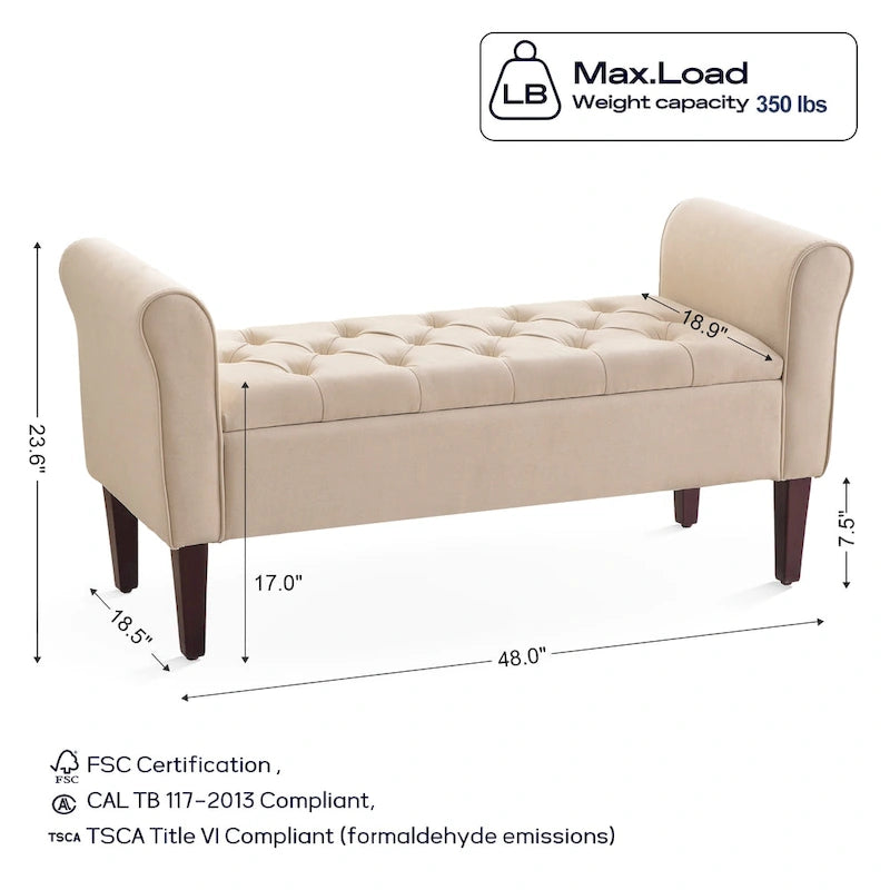 Banc coffre de rangement capitonné de 48 po avec accoudoirs arrondis et pieds en bois massif