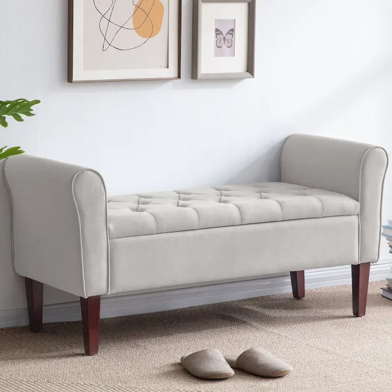 Banc coffre de rangement capitonné de 48 po avec accoudoirs arrondis et pieds en bois massif