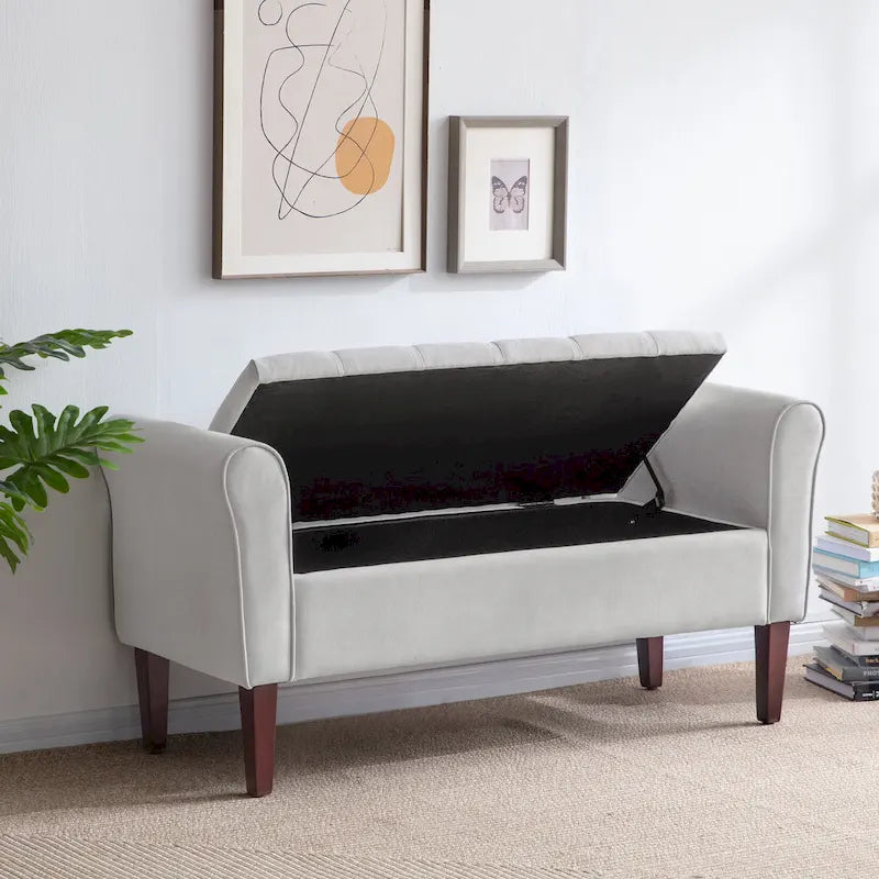Banc coffre de rangement capitonné de 48 po avec accoudoirs arrondis et pieds en bois massif