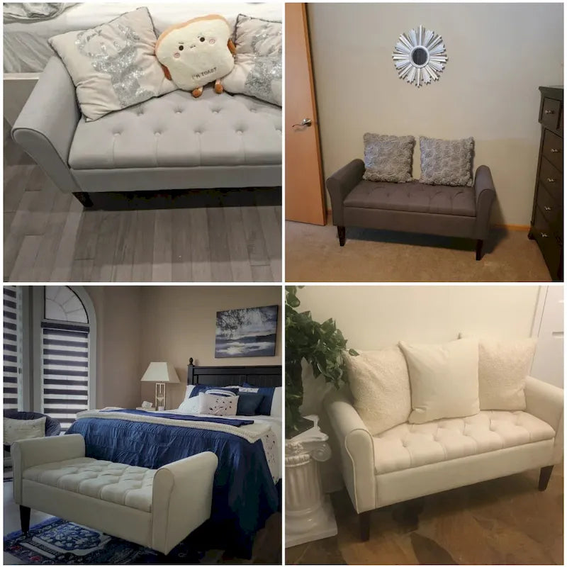 Banc coffre de rangement capitonné de 48 po avec accoudoirs arrondis et pieds en bois massif