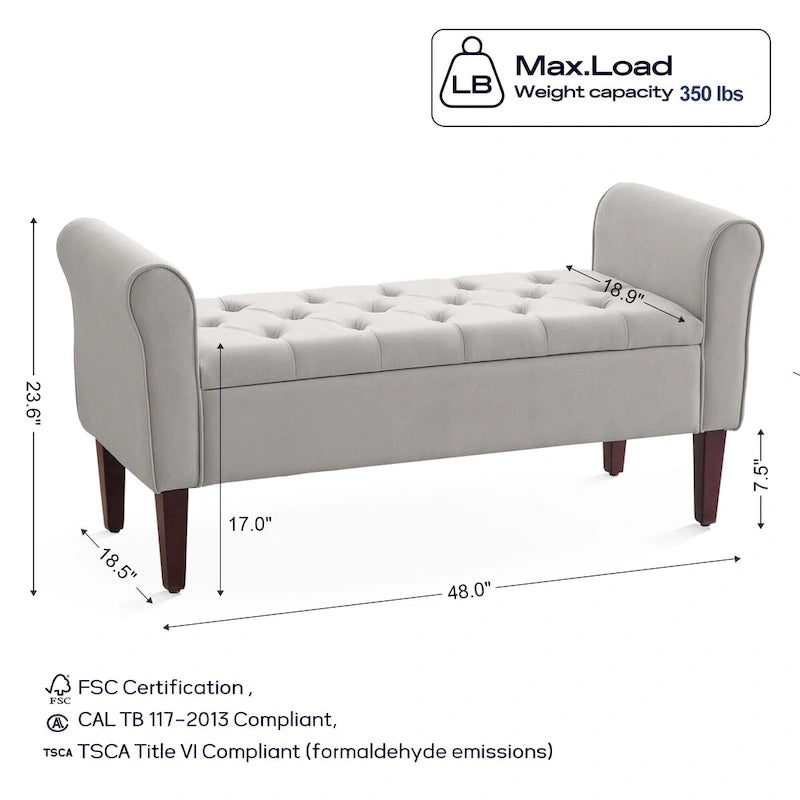 Banc coffre de rangement capitonné de 48 po avec accoudoirs arrondis et pieds en bois massif