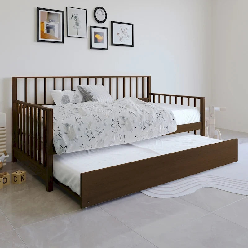Lit de repos en bois massif de style vintage avec lit gigogne escamotable – Cadre en bois d'hévéa, support à lattes