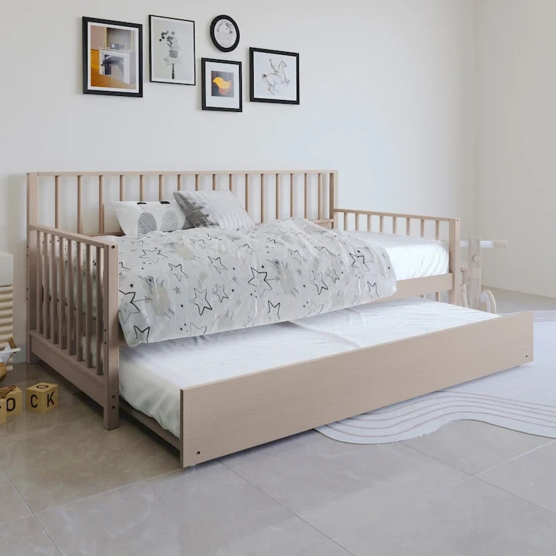 Lit de repos en bois massif de style vintage avec lit gigogne escamotable – Cadre en bois d'hévéa, support à lattes