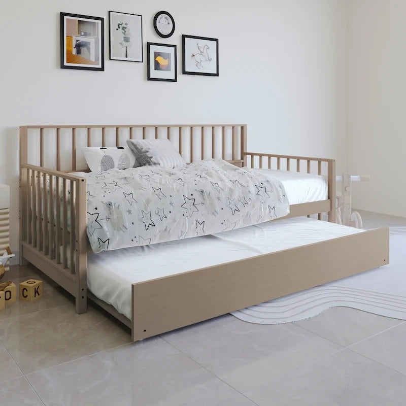 Lit de repos en bois massif de style vintage avec lit gigogne escamotable – Cadre en bois d'hévéa, support à lattes