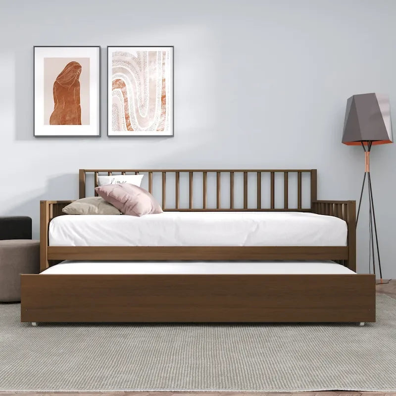 Lit de repos en bois massif de style vintage avec lit gigogne escamotable – Cadre en bois d'hévéa, support à lattes