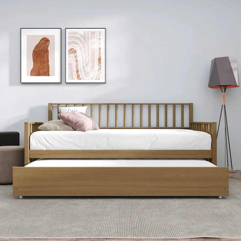 Lit de repos en bois massif de style vintage avec lit gigogne escamotable – Cadre en bois d'hévéa, support à lattes