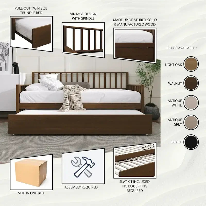 Lit de repos en bois massif de style vintage avec lit gigogne escamotable – Cadre en bois d'hévéa, support à lattes