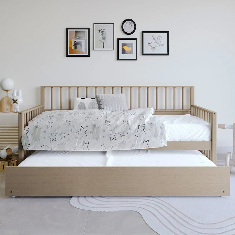 Lit de repos en bois massif de style vintage avec lit gigogne escamotable – Cadre en bois d'hévéa, support à lattes