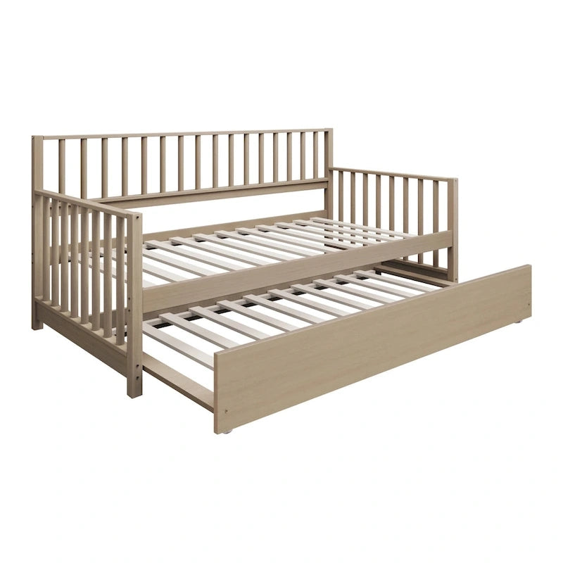 Lit de repos en bois massif de style vintage avec lit gigogne escamotable – Cadre en bois d'hévéa, support à lattes