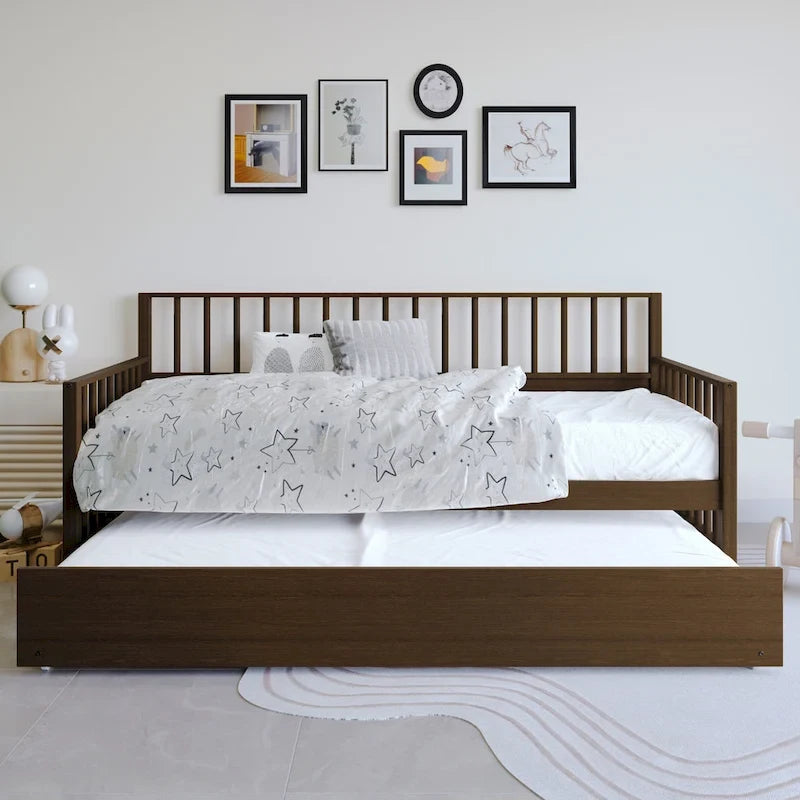 Lit de repos en bois massif de style vintage avec lit gigogne escamotable – Cadre en bois d'hévéa, support à lattes