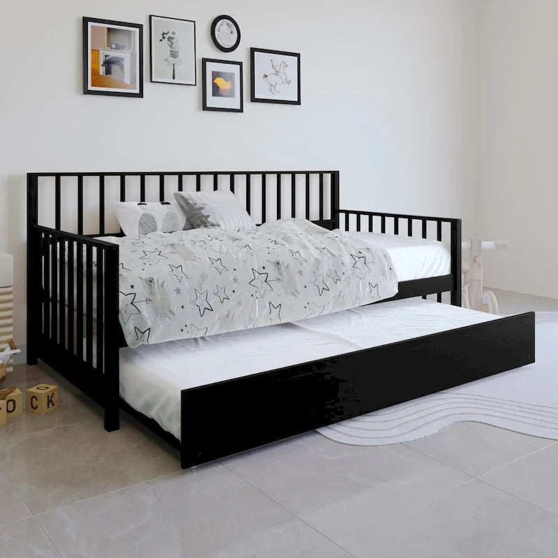 Lit de repos en bois massif de style vintage avec lit gigogne escamotable – Cadre en bois d'hévéa, support à lattes