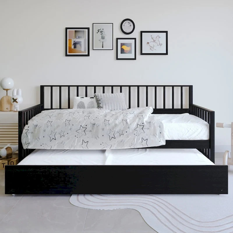Lit de repos en bois massif de style vintage avec lit gigogne escamotable – Cadre en bois d'hévéa, support à lattes