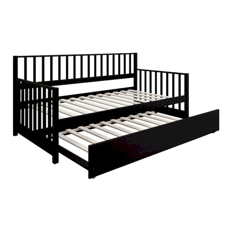 Lit de repos en bois massif de style vintage avec lit gigogne escamotable – Cadre en bois d'hévéa, support à lattes