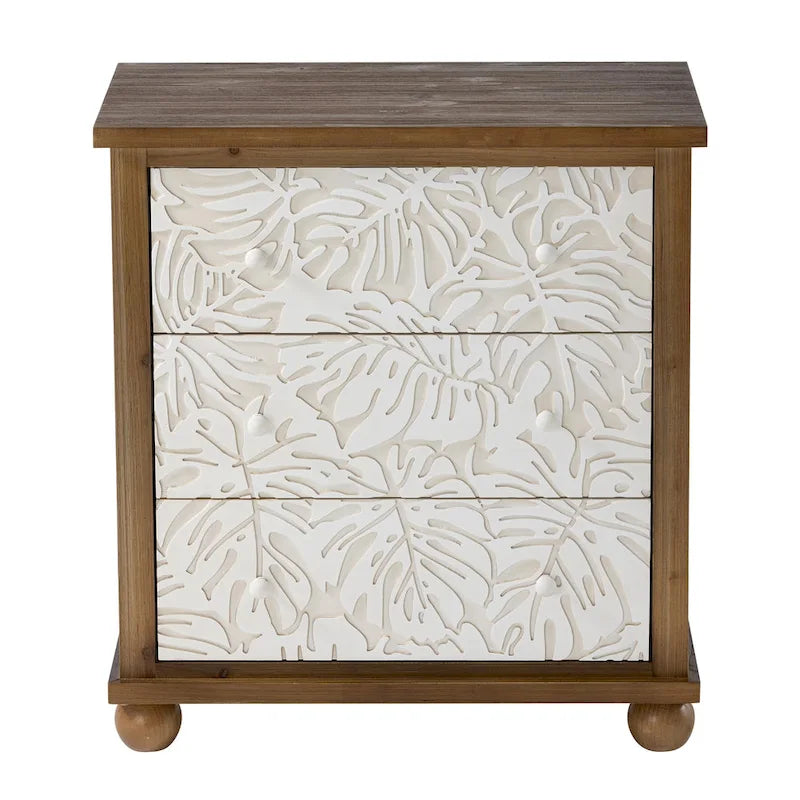 Table de chevet rustique à 3 tiroirs avec motif feuille sculpté et pieds en bois massif