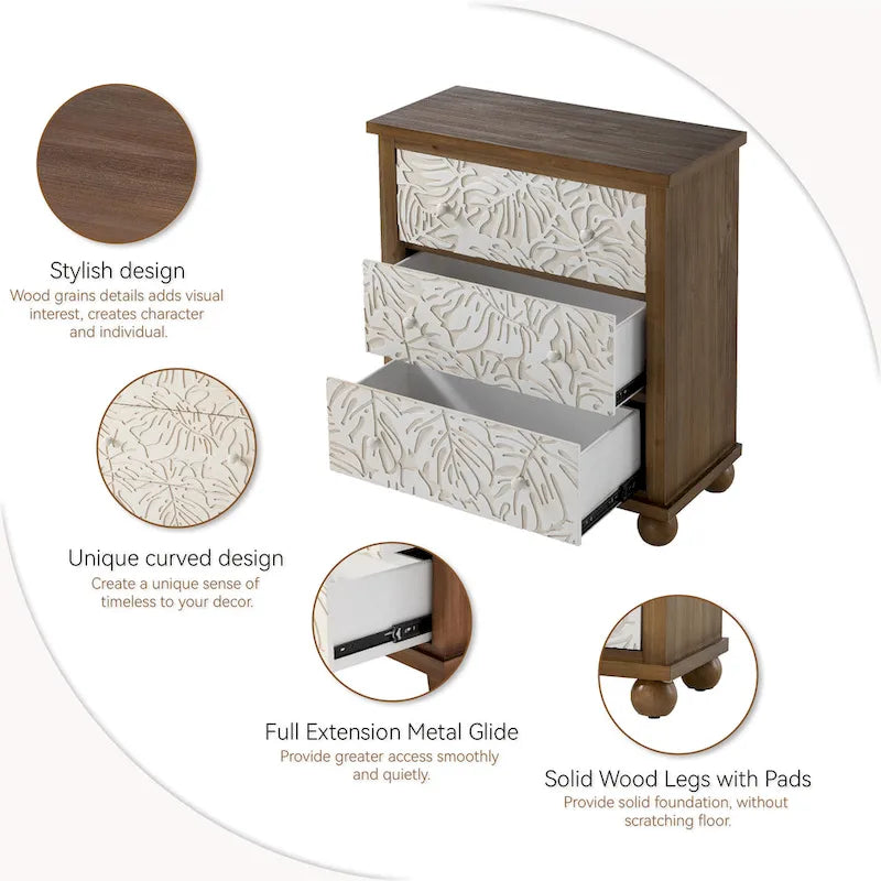 Table de chevet rustique à 3 tiroirs avec motif feuille sculpté et pieds en bois massif
