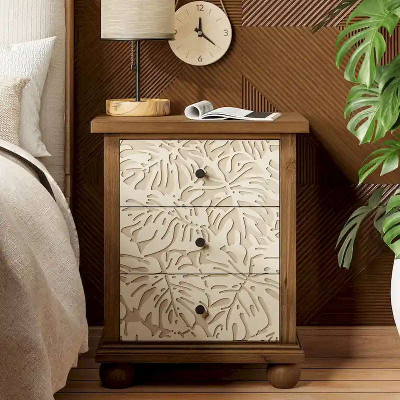 Table de chevet rustique à 3 tiroirs avec motif feuille sculpté et pieds en bois massif