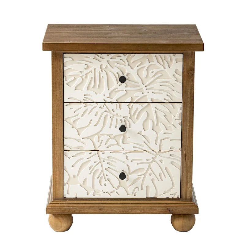 Table de chevet rustique à 3 tiroirs avec motif feuille sculpté et pieds en bois massif