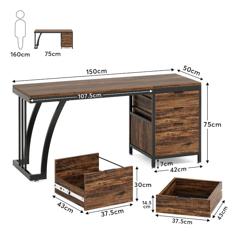 Grand bureau d'ordinateur avec meuble de rangement à 3 tiroirs — Structure en métal et plateau en bois