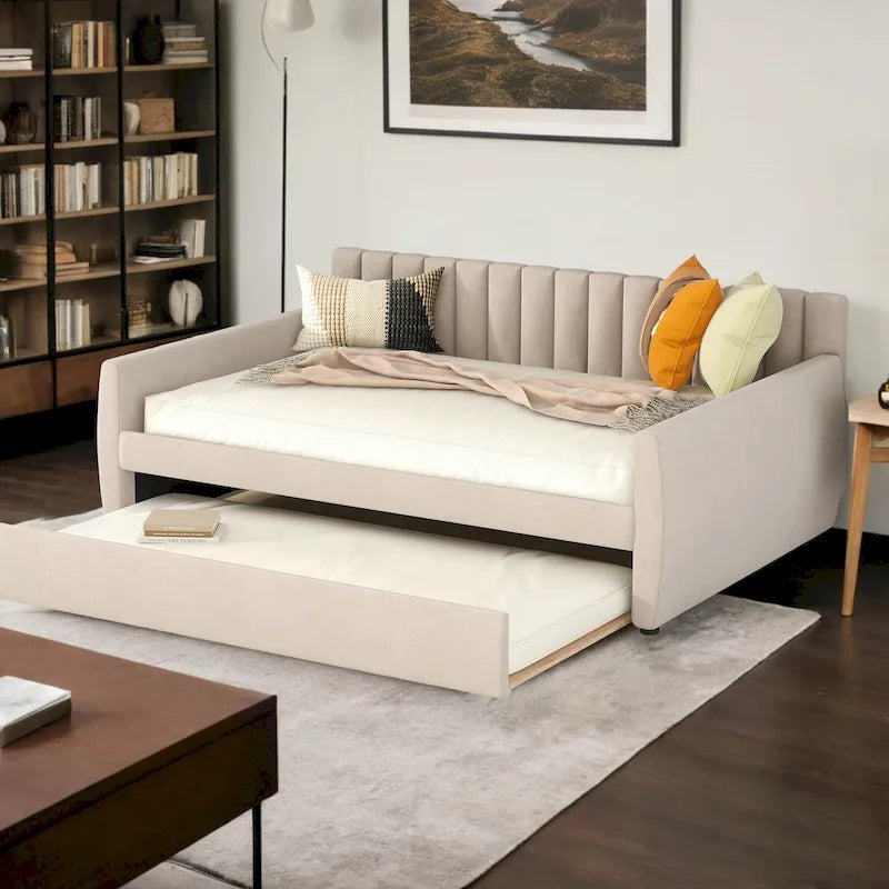 Lit de repos rembourré pleine grandeur avec lit gigogne escamotable — Tissu velours, support à lattes en bois