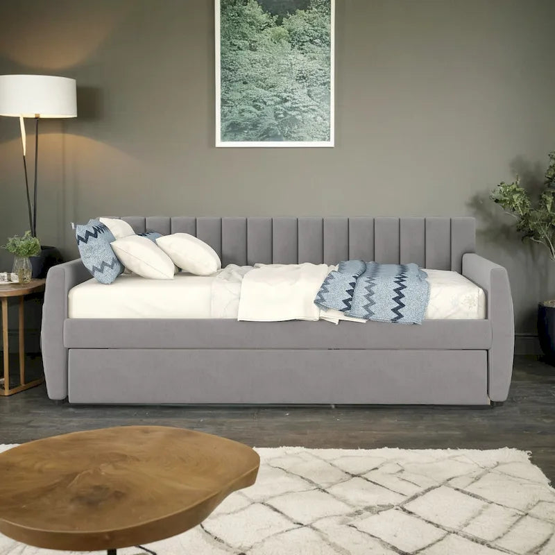 Lit de repos rembourré pleine grandeur avec lit gigogne escamotable — Tissu velours, support à lattes en bois