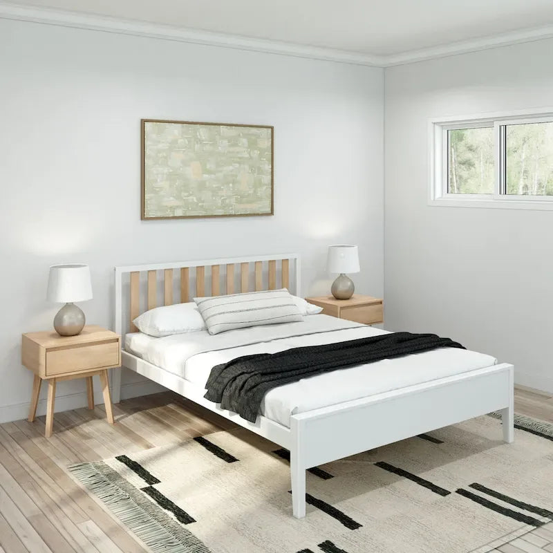 Cadre de lit en bois massif avec tête de lit à lattes — Minimaliste moderne, capacité de 340 kg