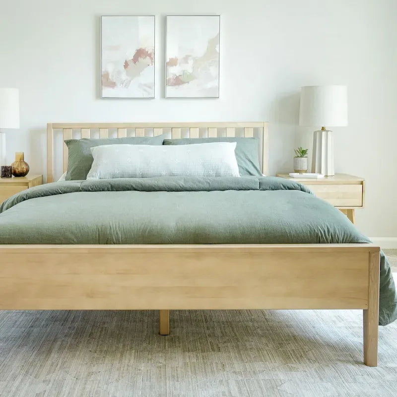 Cadre de lit en bois massif avec tête de lit à lattes — Minimaliste moderne, capacité de 340 kg