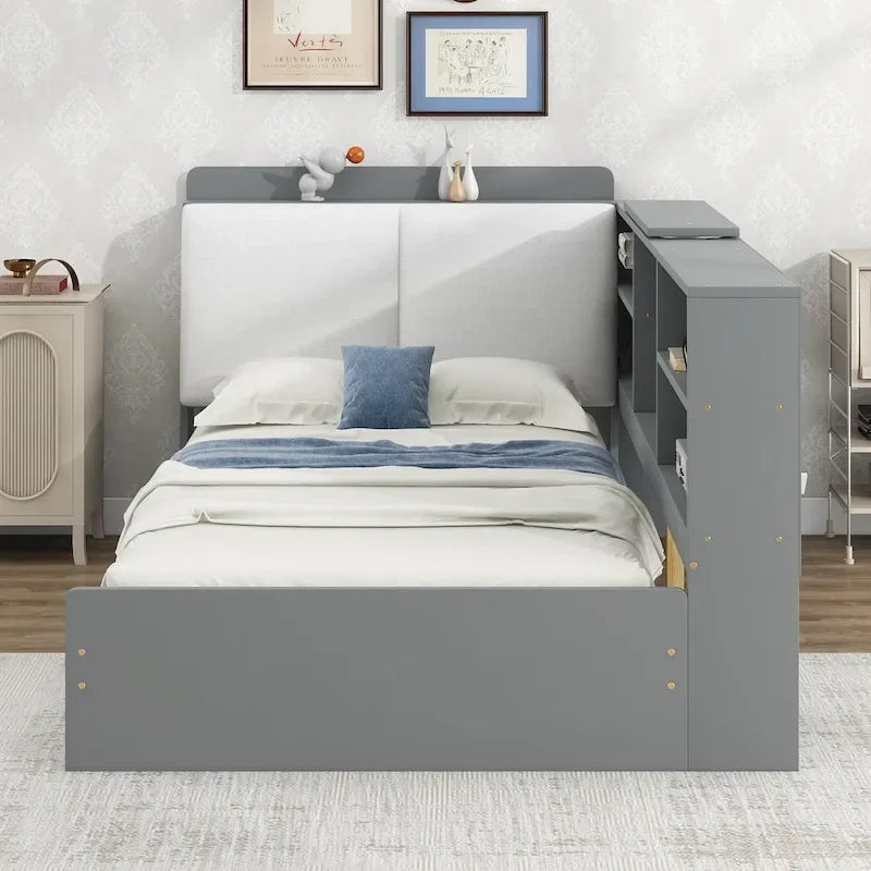 Lit plateforme avec tête de lit de rangement, étagères intégrées et 2 tiroirs sous le lit — Gris