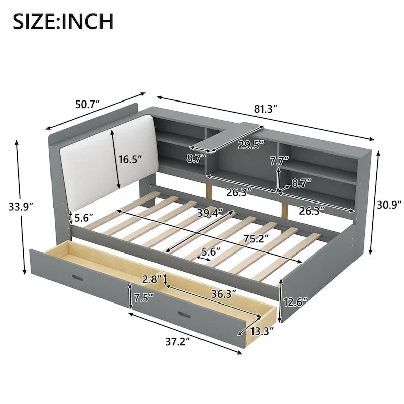 Lit plateforme avec tête de lit de rangement, étagères intégrées et 2 tiroirs sous le lit — Gris