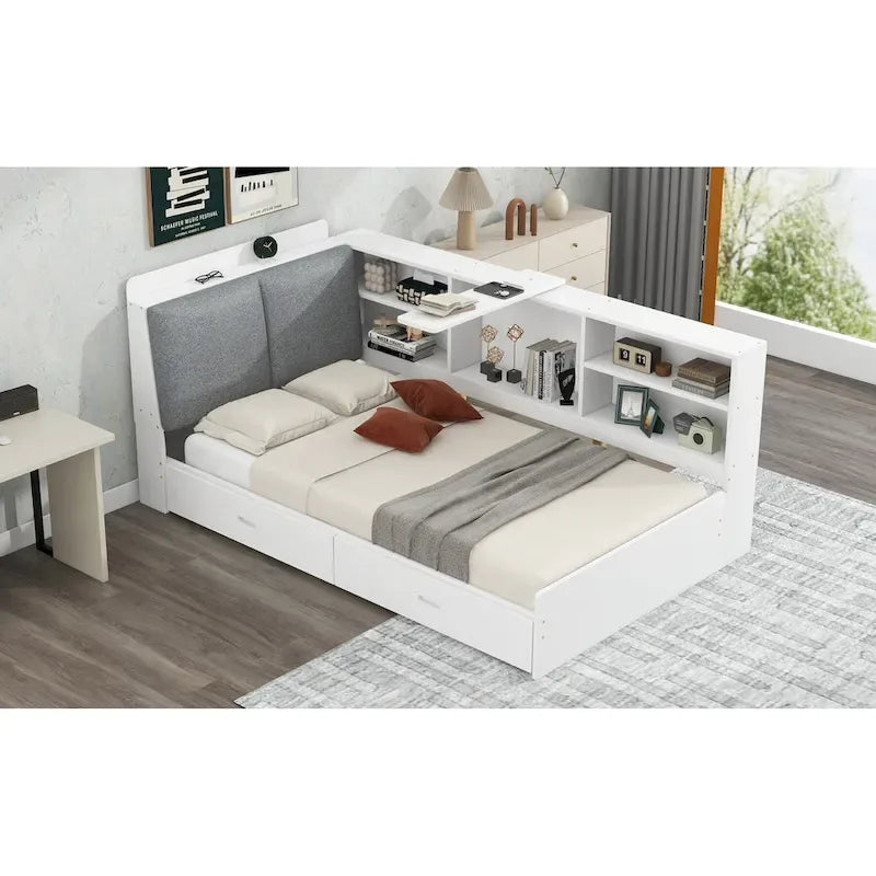 Lit plateforme avec tête de lit de rangement, étagères intégrées et 2 tiroirs sous le lit — Gris